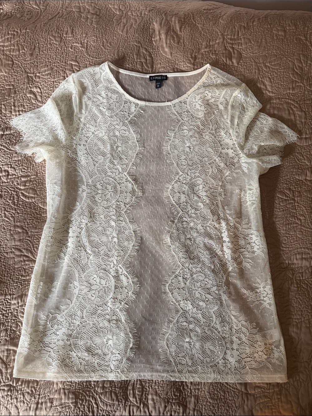 Express Ivory Lace Short Sleeve Overlay Top